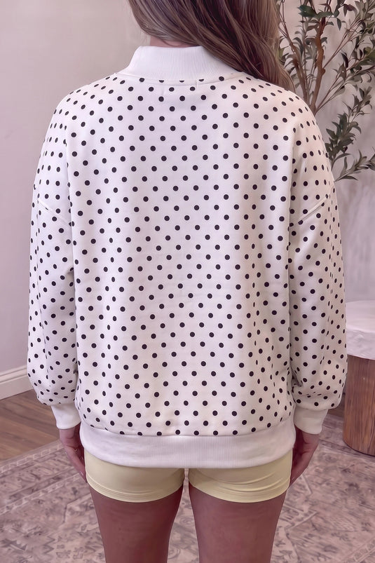 DLLS1143 - Ladies White Casual Polka Dot Mock Neck Sweatshirt