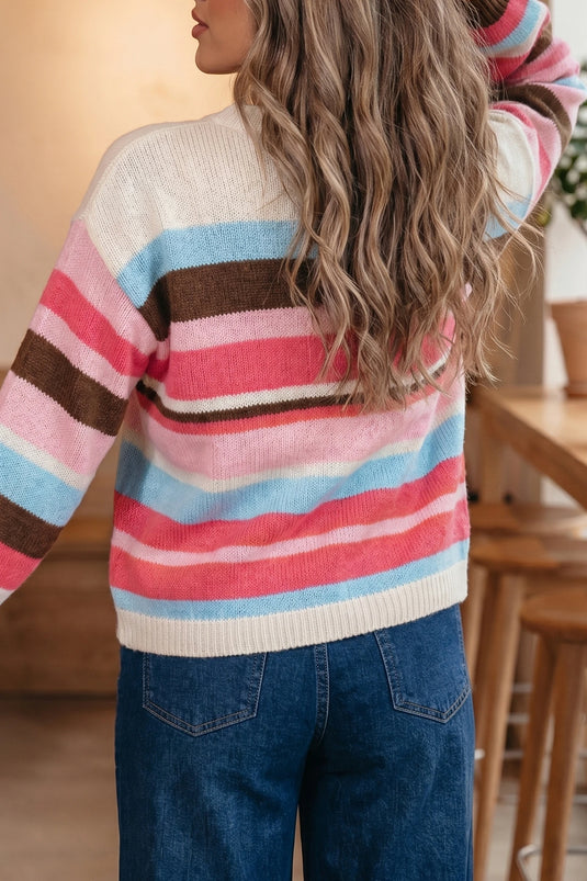 DLLS862 - Ladies Pink Stripe Striped Colorblock Drop Shoulder Cardigan