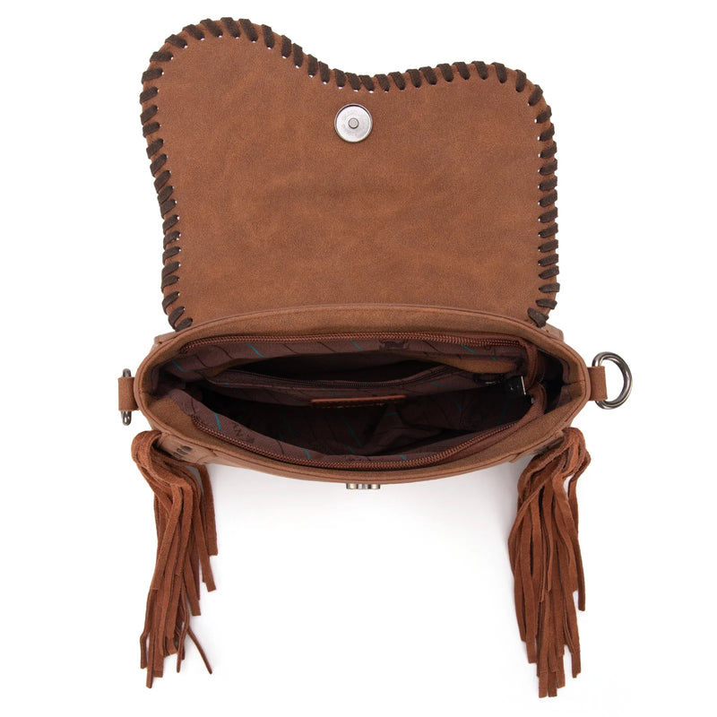 Load image into Gallery viewer, MW1274-8360BR - Montana West Tooled Saddle Fringe Crossbody - Brown
