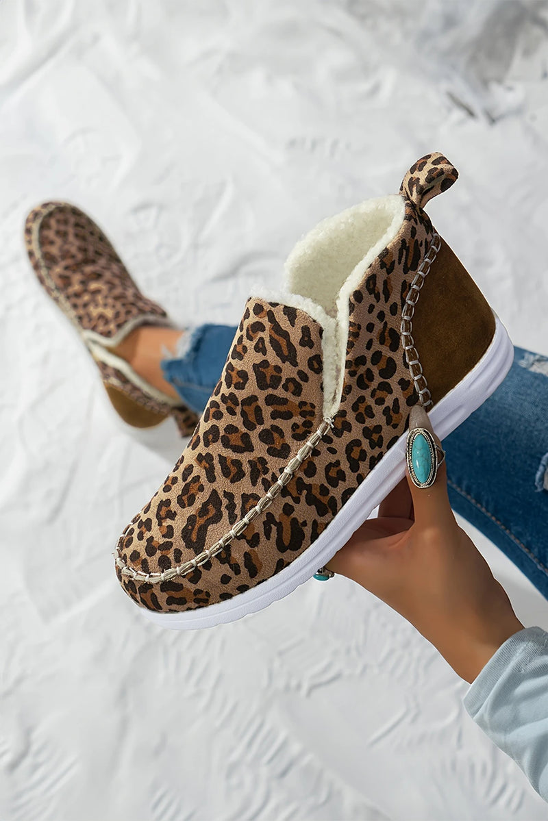 Load image into Gallery viewer, DLLSHOE 124 - Brown Leopard Print Ankle Patched Flat Winter Fur Boots
