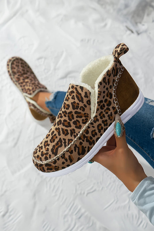 DLLSHOE 124 - Brown Leopard Print Ankle Patched Flat Winter Fur Boots