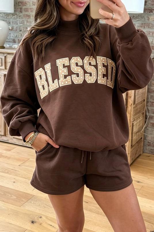 DLLS974 - Ladies Coffee Christmas Slogan Print Mock Neck Pullover and Shorts Set
