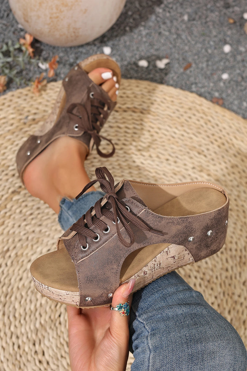 Load image into Gallery viewer, DLLSHOE 81 - Coffee Lace-up Studded Cutout Wedge Platform Slippers
