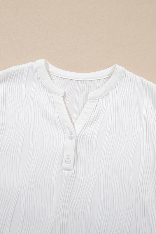 DLLS443 - Ladies White Wavy Textured Button V Neck Tee