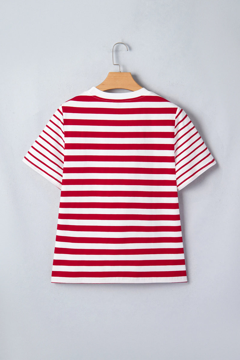 Load image into Gallery viewer, DLLS530 - Ladies Red Stripe Patchwork Round Neck T Shirt
