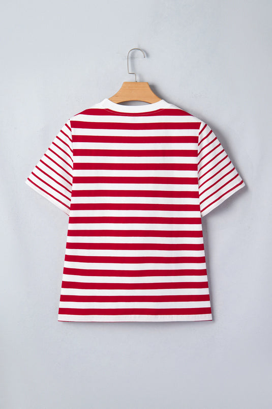 DLLS530 - Ladies Red Stripe Patchwork Round Neck T Shirt