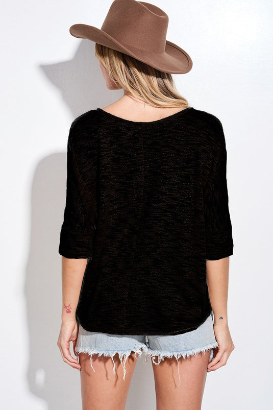 PL6 - Ladies Solid V Neck Knit Short Sleeve Top