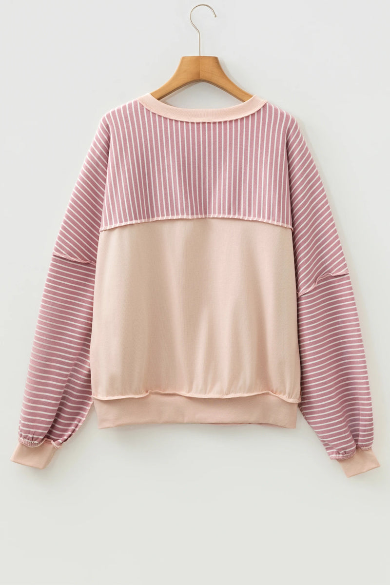 Load image into Gallery viewer, DLLS313 - Ladies Pink Stripe Exposed Stitching Patchwork Casual Long Sleeve Top
