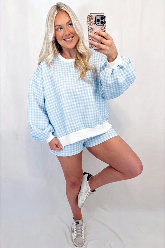 DLLS1081 - Ladies Sky Blue Plaid Baggy Pullover Drawstring Casual Shorts 2pcs Outfit