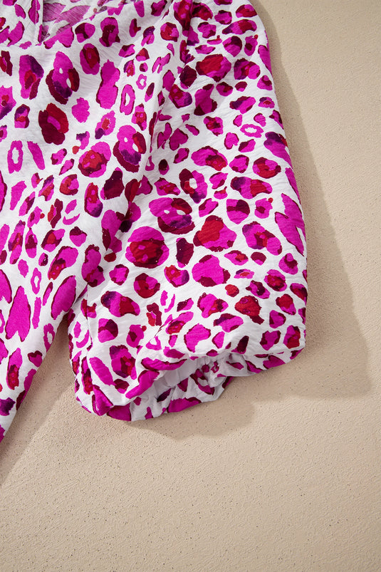 DLLS493 - Ladies Rose Leopard Print V Neck Puffy Half Sleeve Blouse