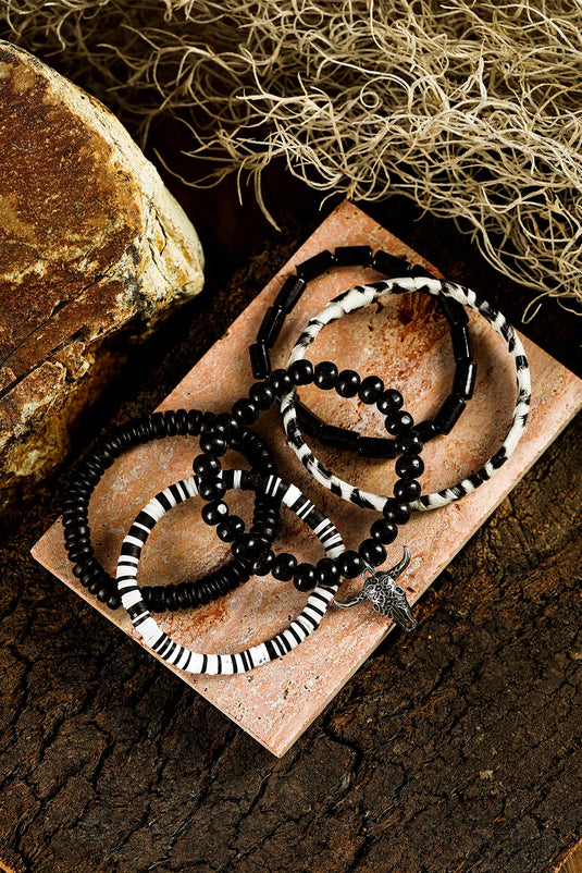 DLLBC 24 - Color Black Timber Beads Western Skull Head Charm 5pcs Bracelet Set