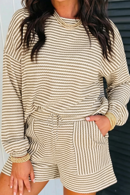 DLLS1147 - Ladies Brown Stripe Textured Knit Long Sleeve Top Elastic Waist Shorts Casual Outfit