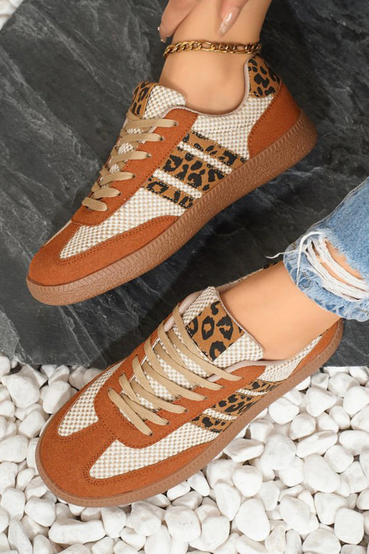 DLLSHOE 1 - Buckskin Checkered Leopard Color Block Patchwork Lace Up Sneakers