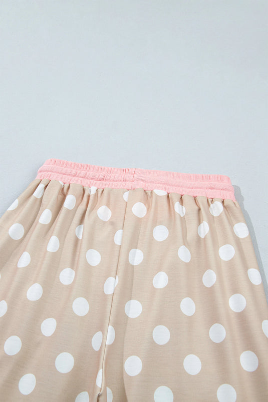 DLLS1137 - Ladies Khaki Polka Dot Long Sleeve Top Drawstring Shift Pants Set