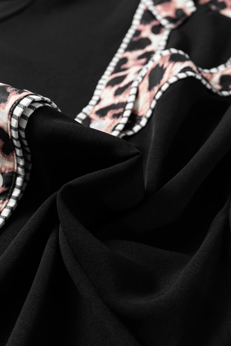 Load image into Gallery viewer, DLLS461 - Ladies Black V Neck Short Puff Sleeve Leopard Trim Button Down Shirt
