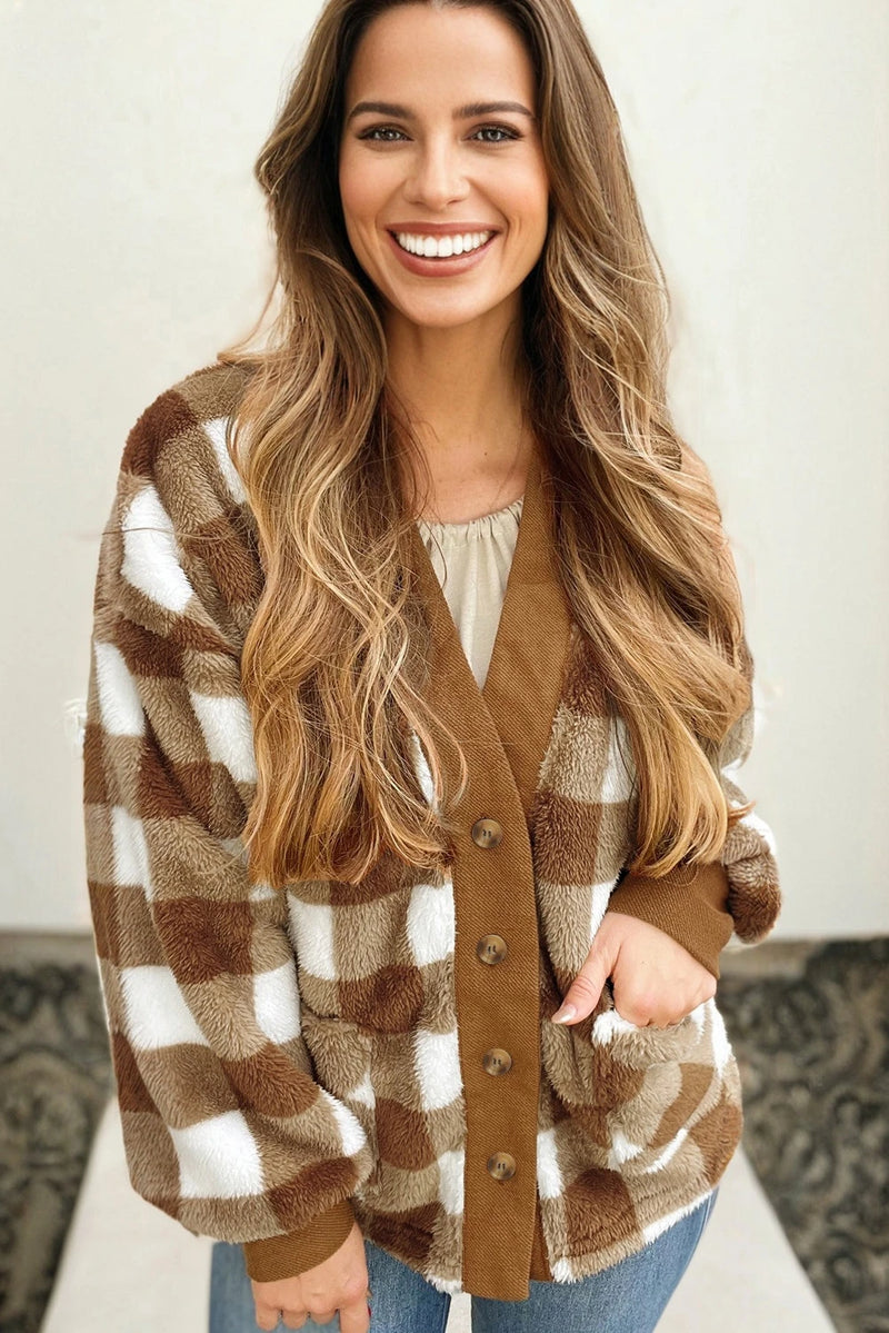 Load image into Gallery viewer, DLLS922 - Ladies Brown Checkered Sherpa Loose Knit Cardigan with Pockets
