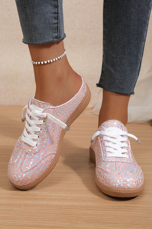 DLLSHOE 94 - Pink Shiny Leopard Print Lace Up Slip On Shoes