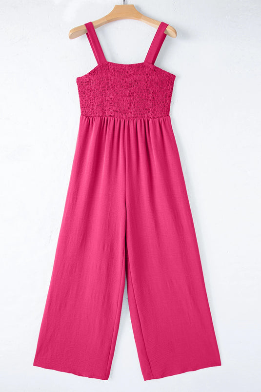 DLLS611 - Ladies Rose Red Smocked Square Neck Sleeveless Jumpsuit with Pockets