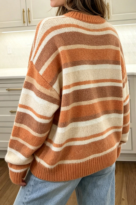 DLLS971 - Ladies Orange Stripe Dropped Shoulder Loose Pullover Sweater