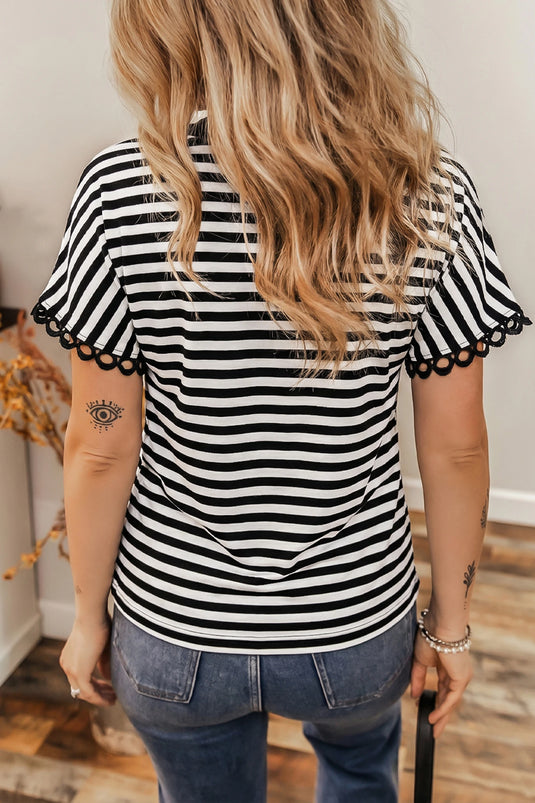 DLLS348 - Ladies Black Striped Print V Neck Delicate Trim Casual Tee