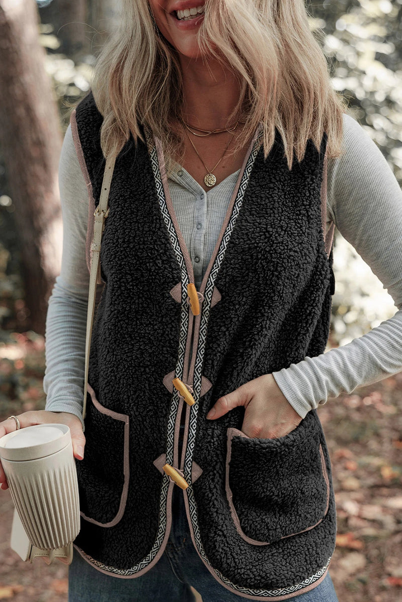 Load image into Gallery viewer, DLLS753 - Ladies Dark Grey Sherpa Contrast Patch Pocket Cartridge Toggle Button Vest
