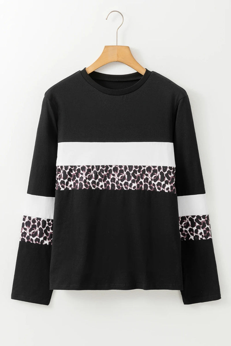 Load image into Gallery viewer, DLLS319 - Ladies White Leopard Colorblock Patchwork Crew Neck Long Sleeve Tee
