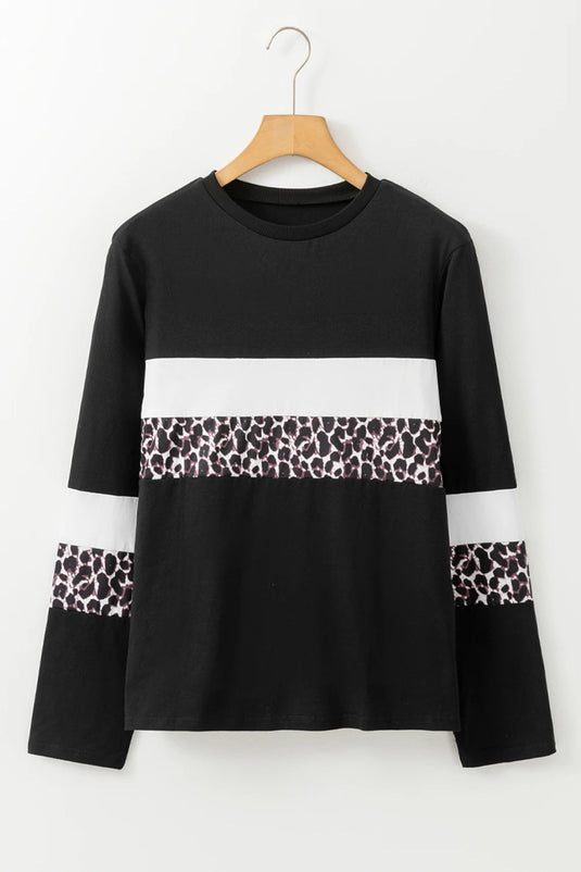 DLLS319 - Ladies White Leopard Colorblock Patchwork Crew Neck Long Sleeve Tee