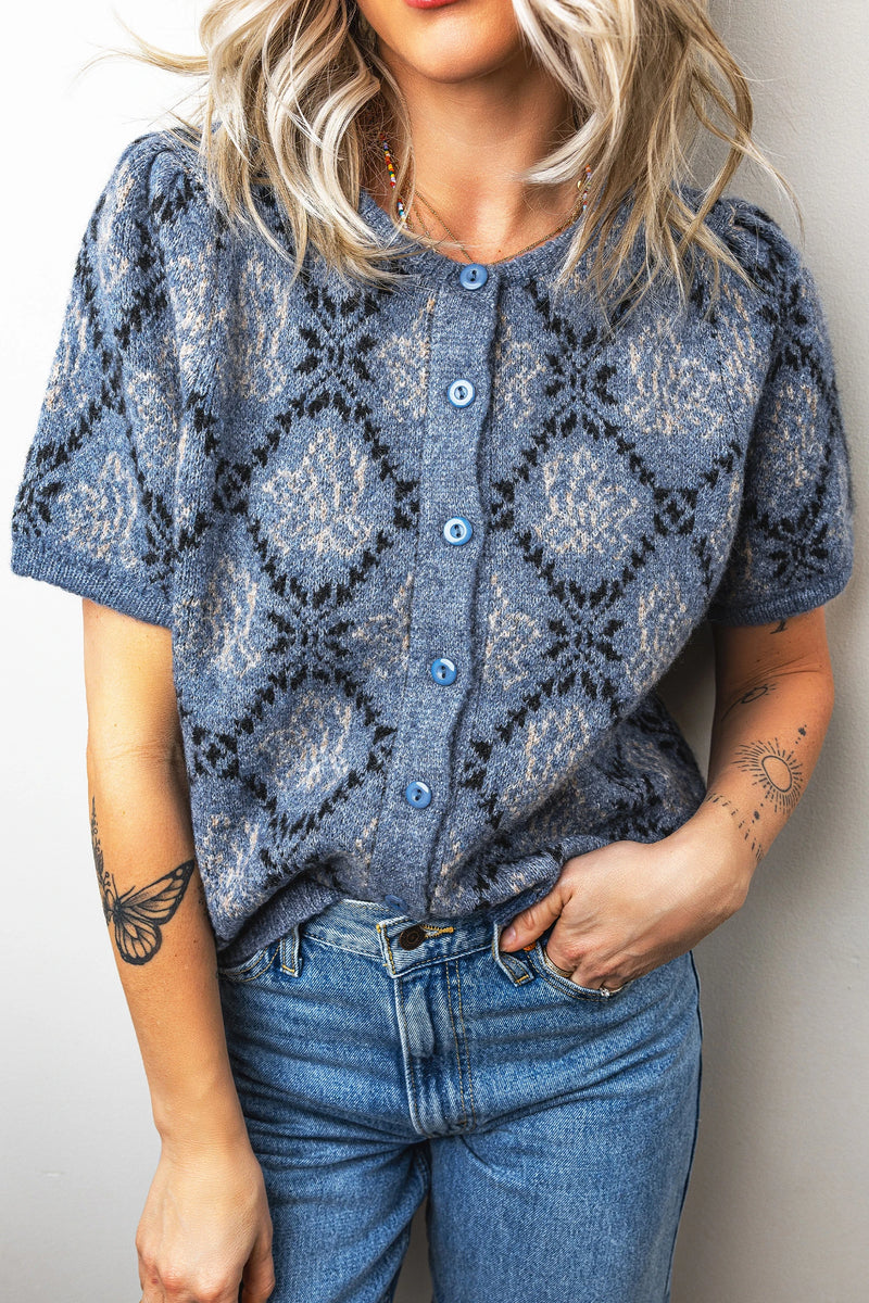 Load image into Gallery viewer, DLLS796 - Ladies Dark Blue Short Sleeve Button Front Boho Knit Top Cardigan
