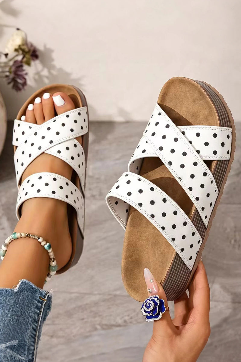 Load image into Gallery viewer, DLLSHOE 150 - White Polka Dot Crossed Band Soft Suede Platform Slippers
