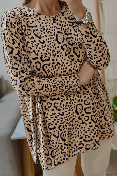 DLLS173 - Ladies Khaki Leopard Print Long Batwing Sleeve Loose Top