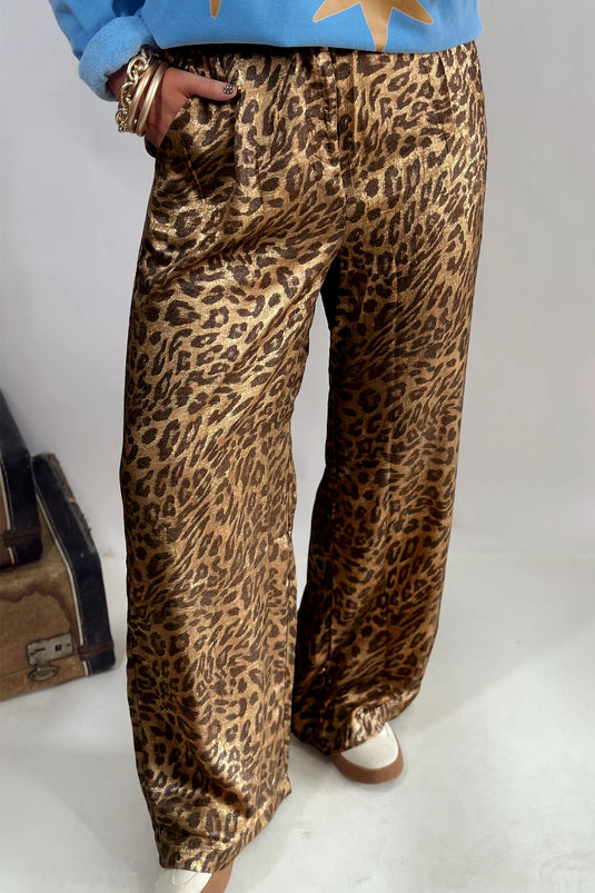 DLLS798 - Ladies Multicolour Leopard Print Western Style Wide Leg Full Length Pants