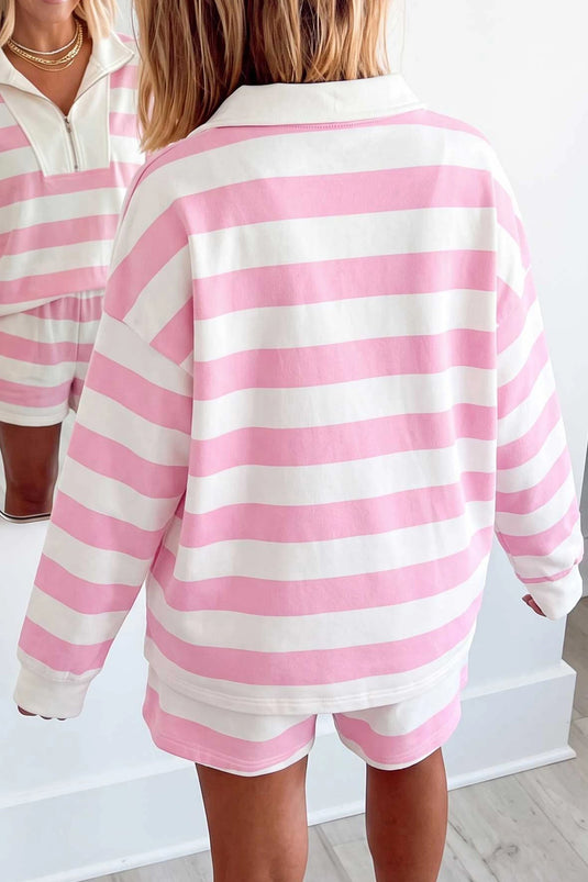 DLLS816 - Ladies Pink Stripe Patchwork Zipper Pullover Elastic Waist Shorts 2pcs Set