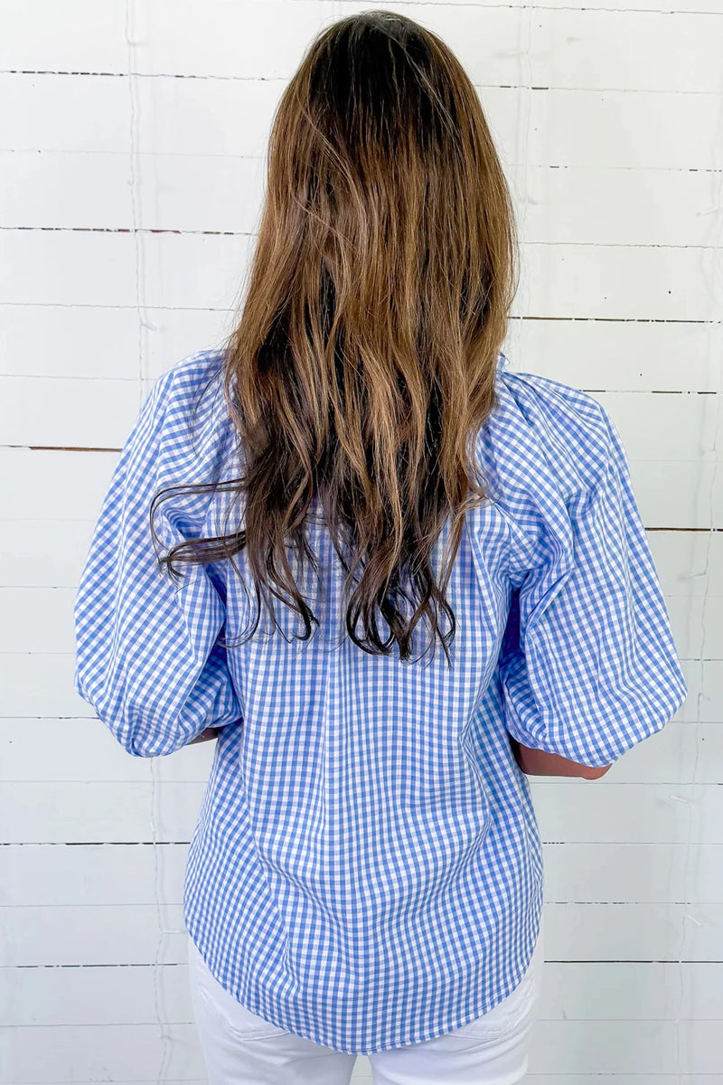 Load image into Gallery viewer, DLLS673 - Ladies Sky Blue Summer Plaid Cornflower Blouse Top
