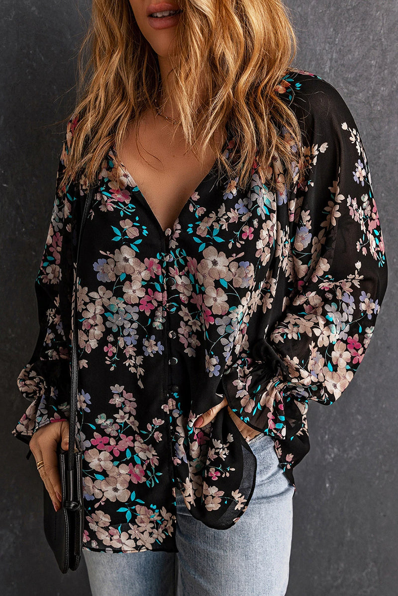 Load image into Gallery viewer, DLLS367 - Ladies Black Wildflower Print Chiffon Blouse
