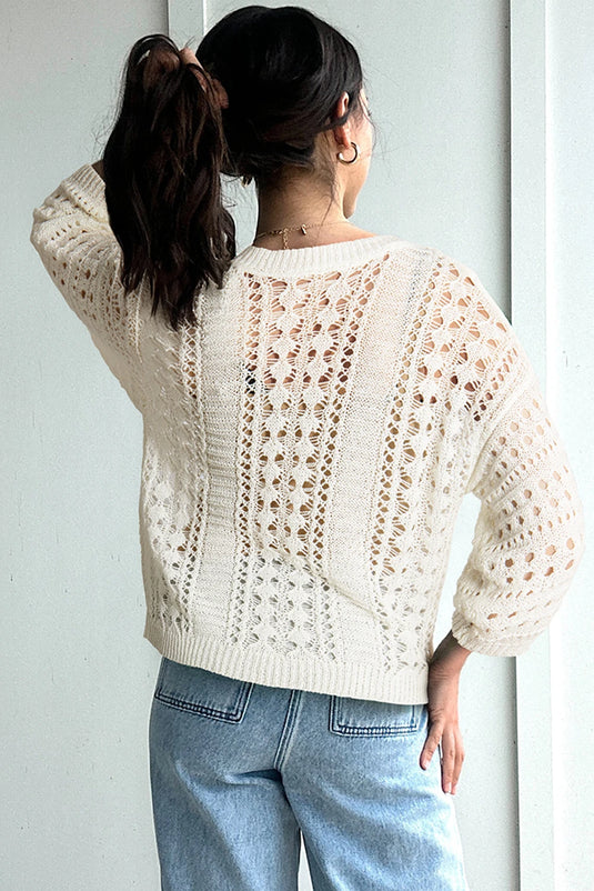 DLLS446 - Ladies White Hollow Out Knit Bracelet Sleeve Drop Shoulder Sweater