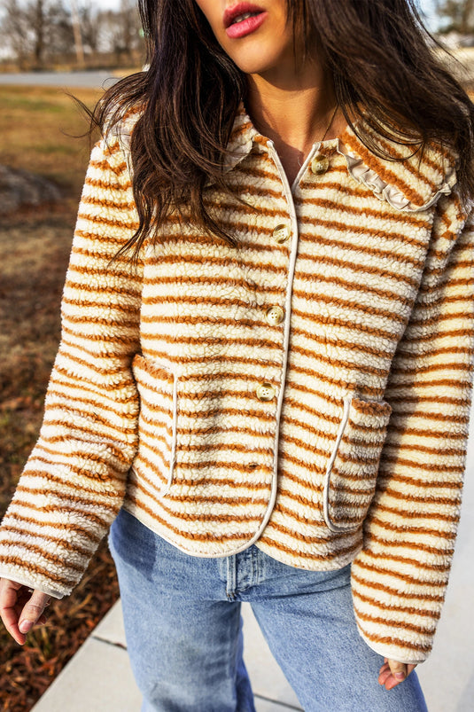 DLLS1023 - Ladies Brown Stripe Striped Fleece Button Front Long Sleeve Regular Fit Jacket