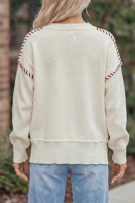 DLLS655 - Ladies Beige Game Day Letter Print Round Neck Long Sleeve Casual Pullover Sweater