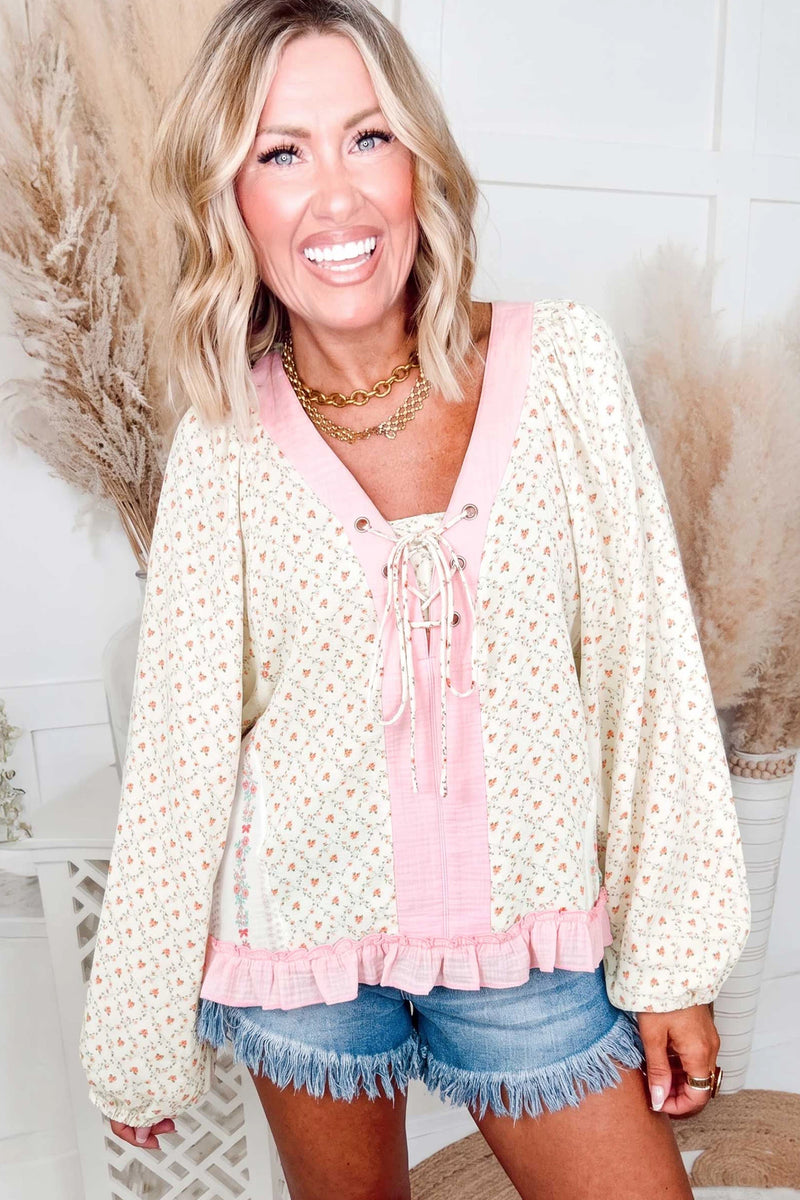Load image into Gallery viewer, DLLS1051 - Ladies Beige Floral Print Color Block Trim Lace-Up V Neck Long Sleeve Blouse
