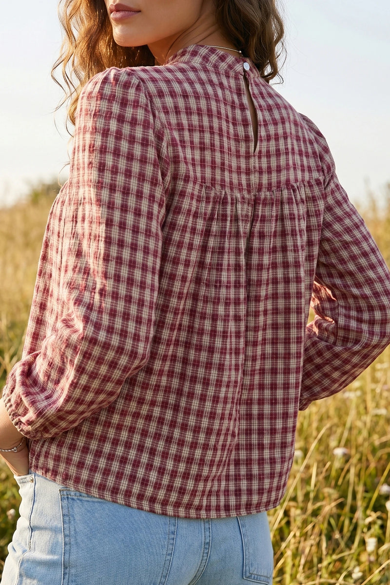 Load image into Gallery viewer, DLLS784 - Ladies Coral Country Plaid Long Sleeve Button Keyhole Pleated Loose Blouse
