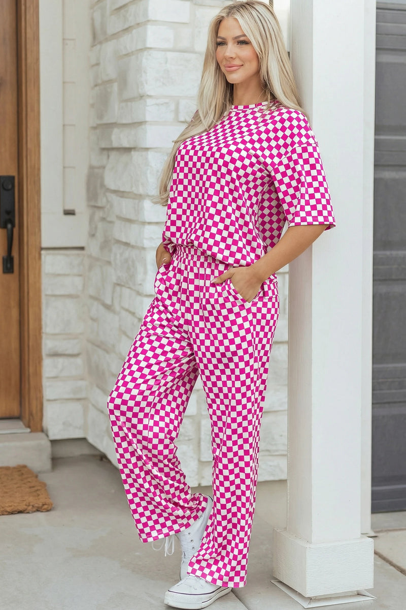 Load image into Gallery viewer, DLLS994 - Ladies Rose Checkered Print Half Sleeve Tee 2pcs Lounge Pant Set
