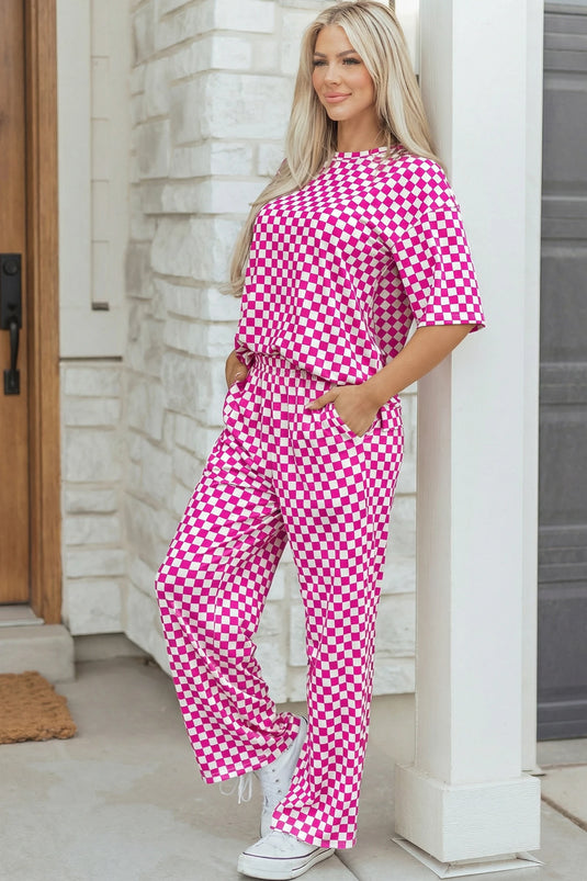 DLLS994 - Ladies Rose Checkered Print Half Sleeve Tee 2pcs Lounge Pant Set