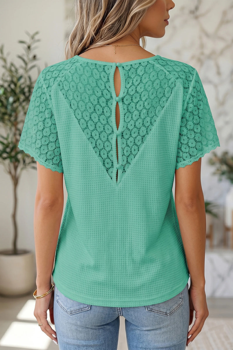 Load image into Gallery viewer, DLLS702 - Ladies Mint Green Lace Splicing Button Cutout V Neck Waffle Knit Blouse
