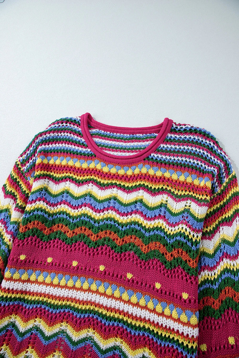Load image into Gallery viewer, DLLS140 - Ladies Rose Red Colorblock Striped Hollowed Knit Loose Sleeve Sweater
