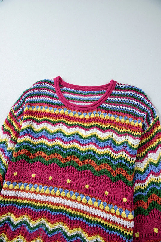DLLS140 - Ladies Rose Red Colorblock Striped Hollowed Knit Loose Sleeve Sweater