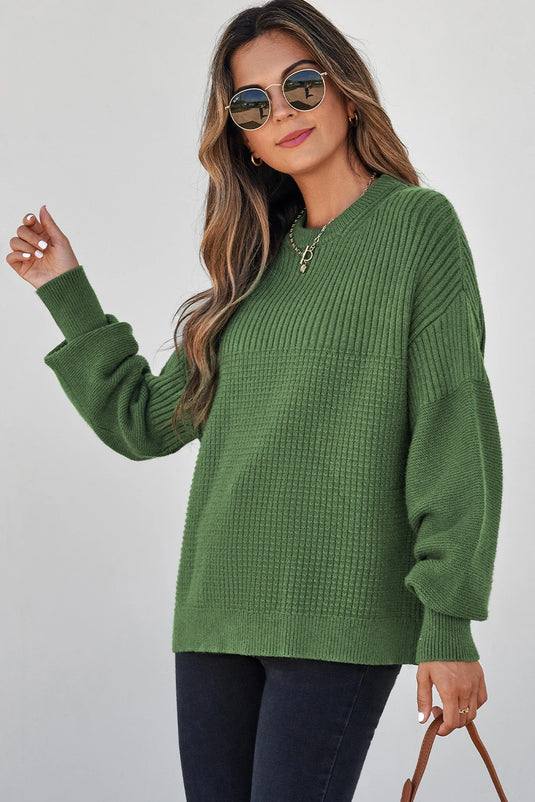 DLLS243 - Ladies Vineyard Green Solid Color Mixed Textured Knitted Crew Neck Sweater