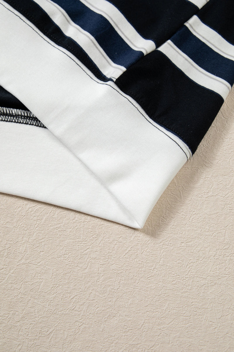 Load image into Gallery viewer, DLLS968 - Ladies Blue Stripe Ribbed Color Block Trim Round Neck Dropped Shoulder Sweatshirt
