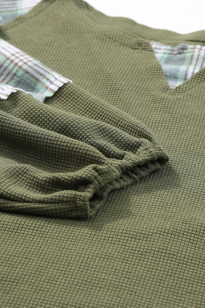 Load image into Gallery viewer, DLLS1145 - Ladies Green Plaid Patch Waffle Knit Exposed Seam Bubble Sleeve Top
