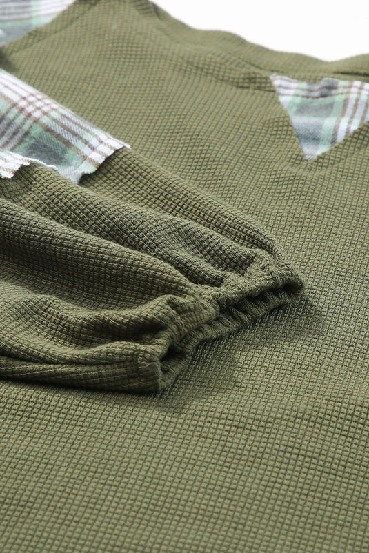 DLLS1145 - Ladies Green Plaid Patch Waffle Knit Exposed Seam Bubble Sleeve Top