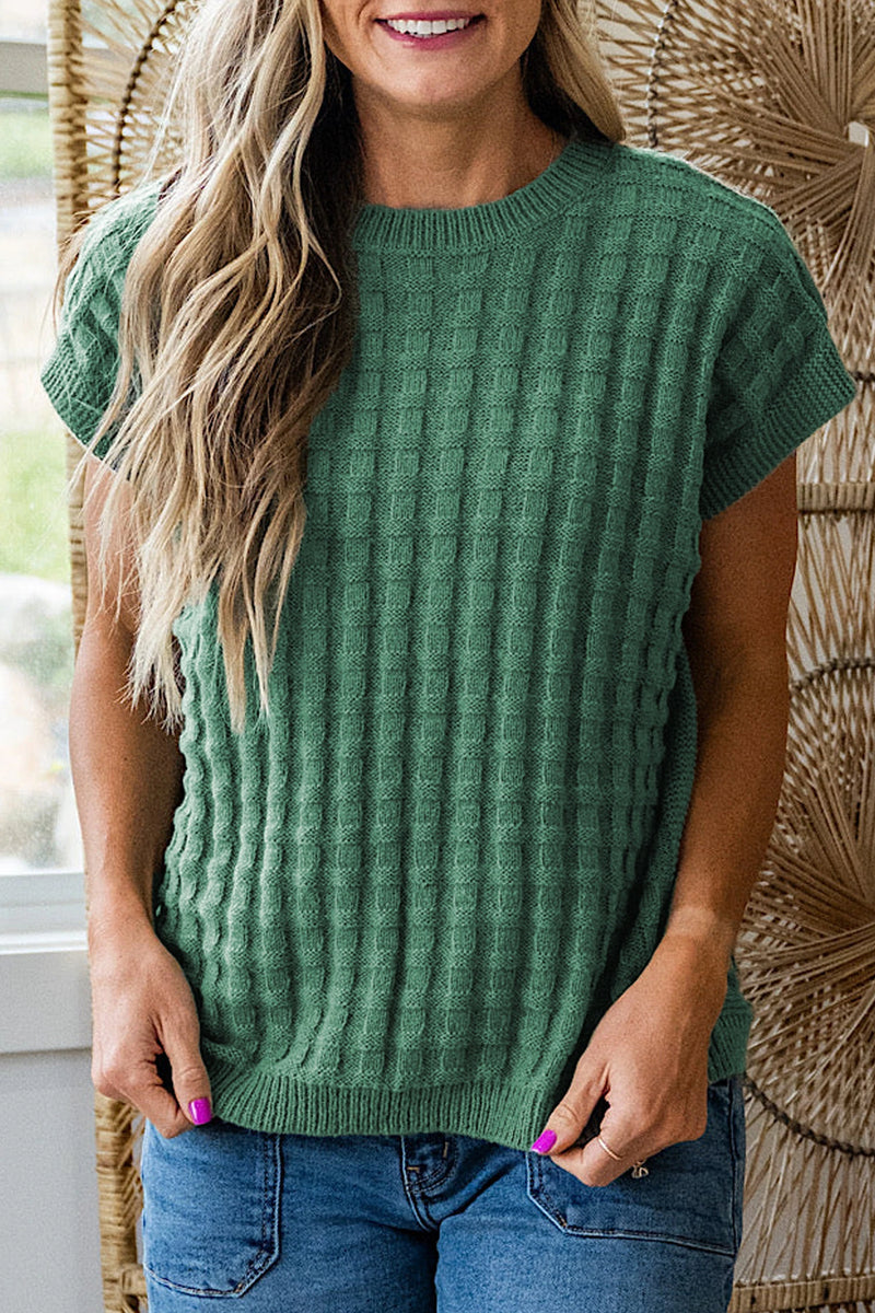 Load image into Gallery viewer, DLLS511 - Ladies Mist Green Solid Color Round Neck Textured Short Sleeve Sweater
