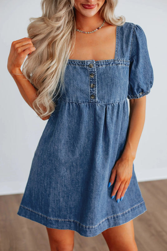 DLLS596 - Ladies Prussian Blue Button Square Neck Short Puff Sleeve Denim Mini Dress